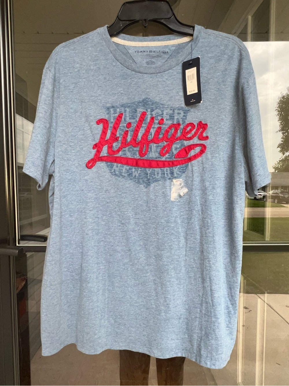 Tommy Hilfiger Heather Blue Cotton Short Sleeve Tee with Red Script Logo Sz L